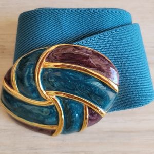 1980s Teal Stretch Belt with Teal/Plum Enamel Buckle. Excellent Vintage. M/L
